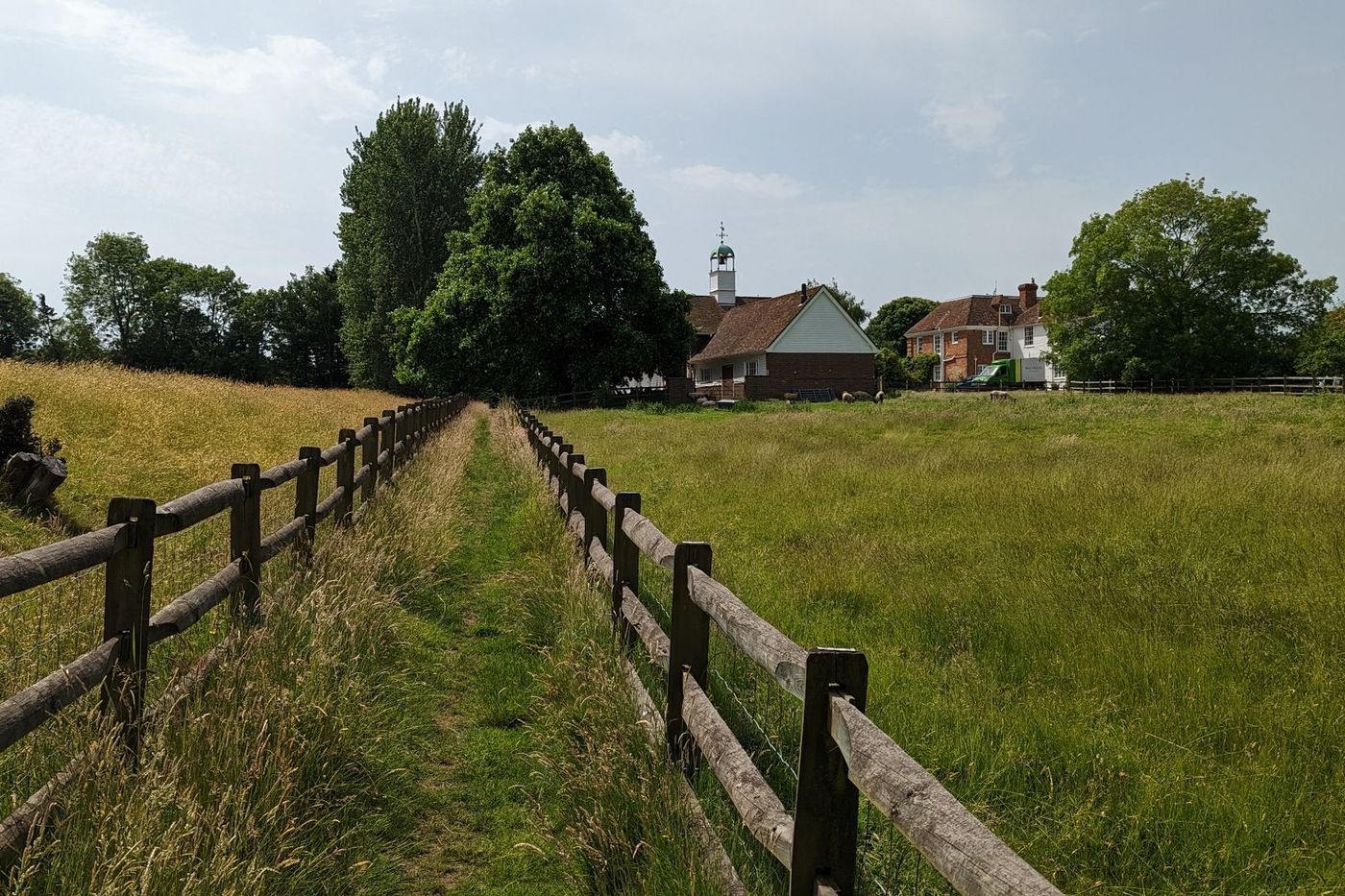A fenced footpath across a grass field leading towards houses and trees